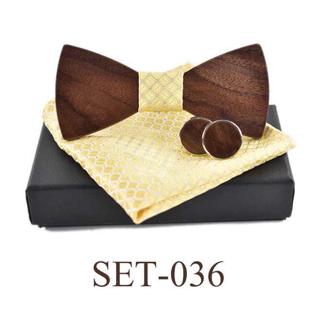 Wooden Bow Tie Cufflinks Kerchief Preferential Set-Wooden Gallery